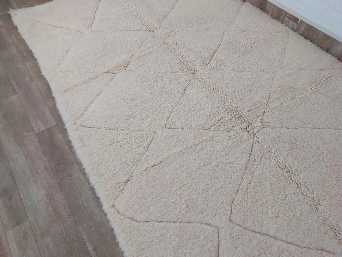 Authentic Moroccan Berber Beni Ourain Handwoven Wool Area Rug - Neutral Berber Rug - Contemporary Living Room Decor 4.11x7.4 Ft MoroccanBazzArts