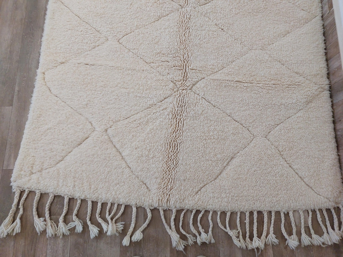 Authentic Moroccan Berber Beni Ourain Handwoven Wool Area Rug - Neutral Berber Rug - Contemporary Living Room Decor 4.11x7.4 Ft MoroccanBazzArts