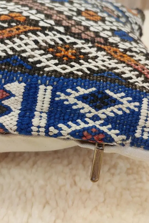 Moroccan Vintage Lumbar Cushion - From Beni Mguild Tribe. Decorative Blue Wool Pillow. Bohemian Style. MoroccanBazzArts