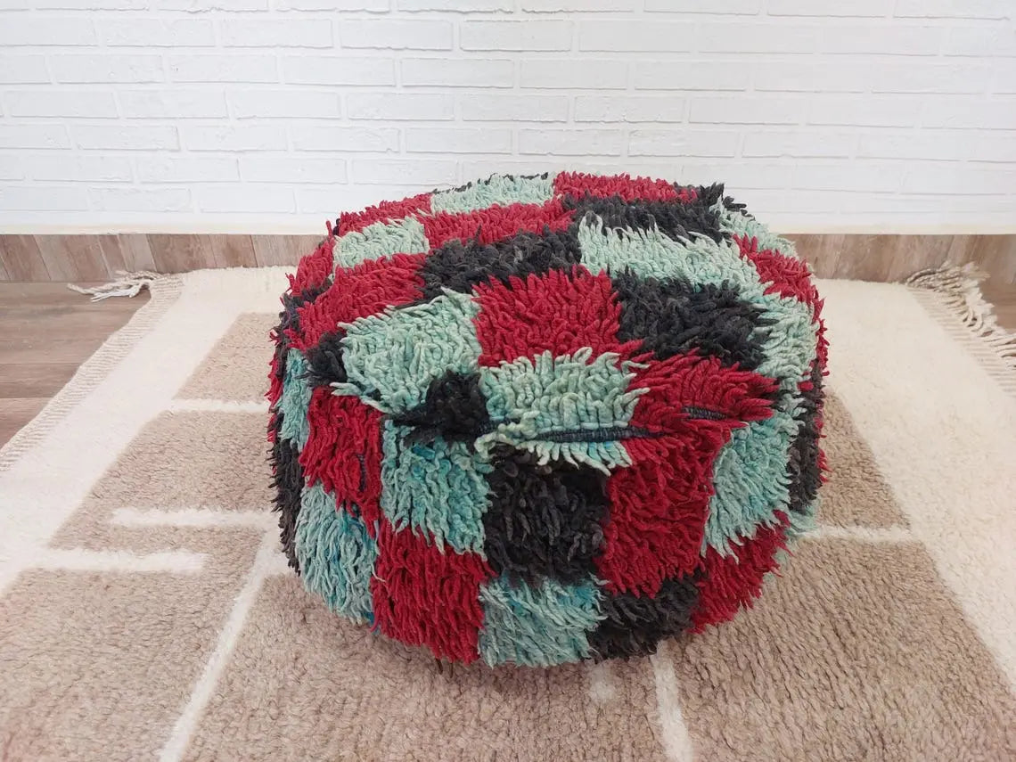 Vintage Berber Rug Ottoman Pouf: Handmade Moroccan Floor Cushion With Checkered Pattern MoroccanBazzArts