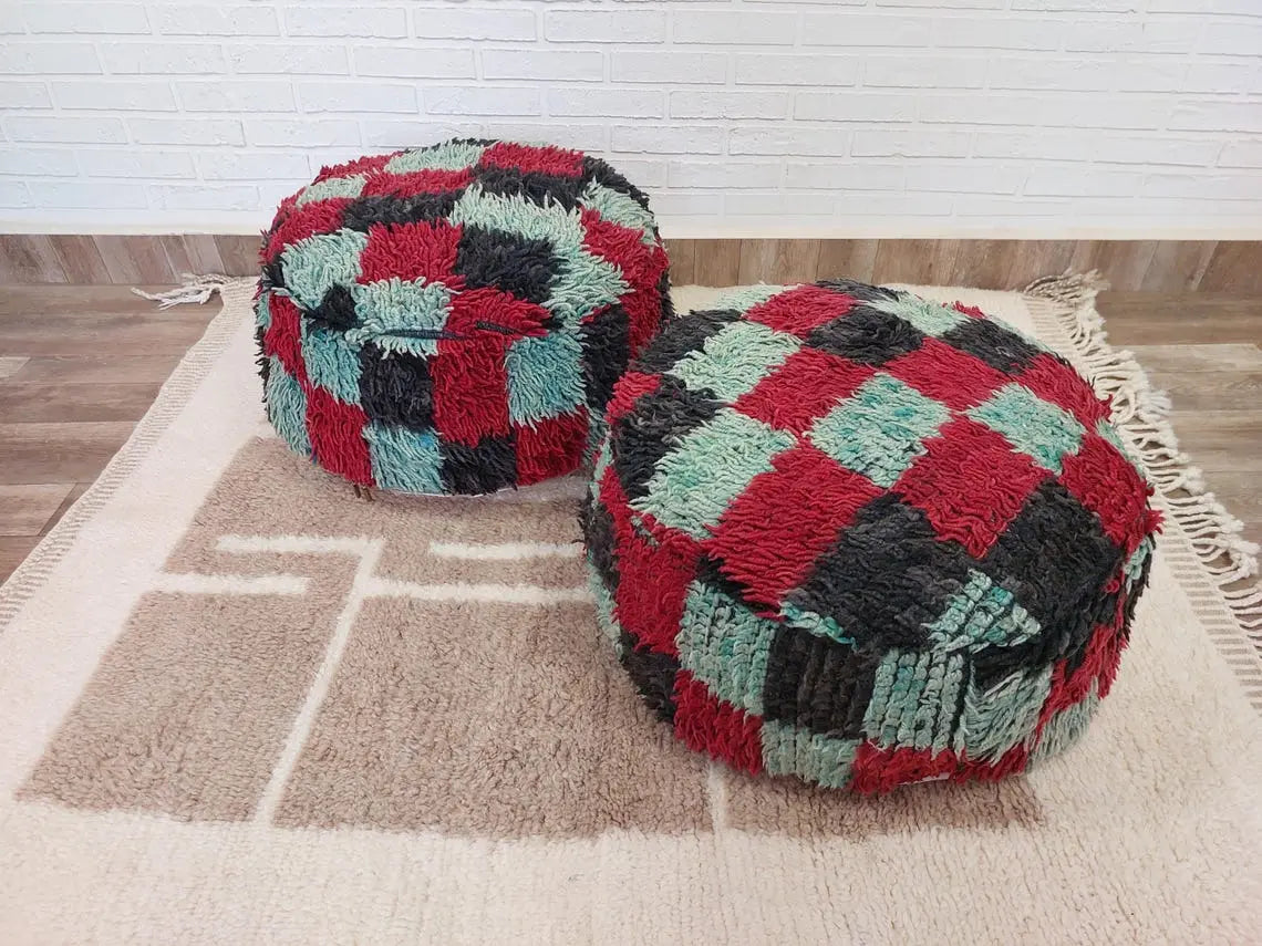Vintage Berber Rug Ottoman Pouf: Handmade Moroccan Floor Cushion With Checkered Pattern MoroccanBazzArts