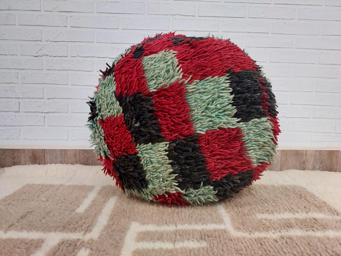 Vintage Berber Rug Ottoman Pouf: Handmade Moroccan Floor Cushion With Checkered Pattern MoroccanBazzArts
