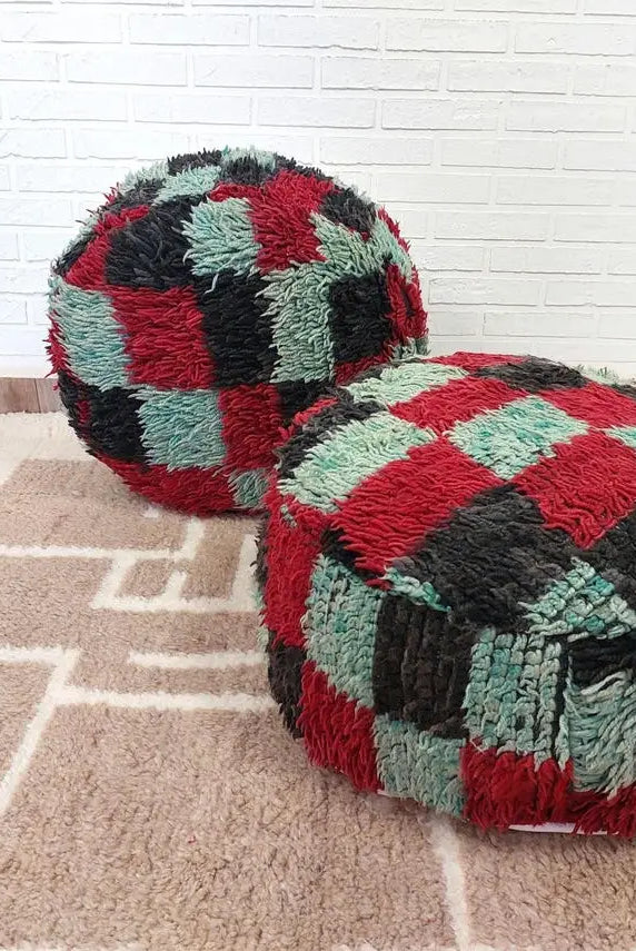 Vintage Berber Rug Ottoman Pouf: Handmade Moroccan Floor Cushion With Checkered Pattern MoroccanBazzArts