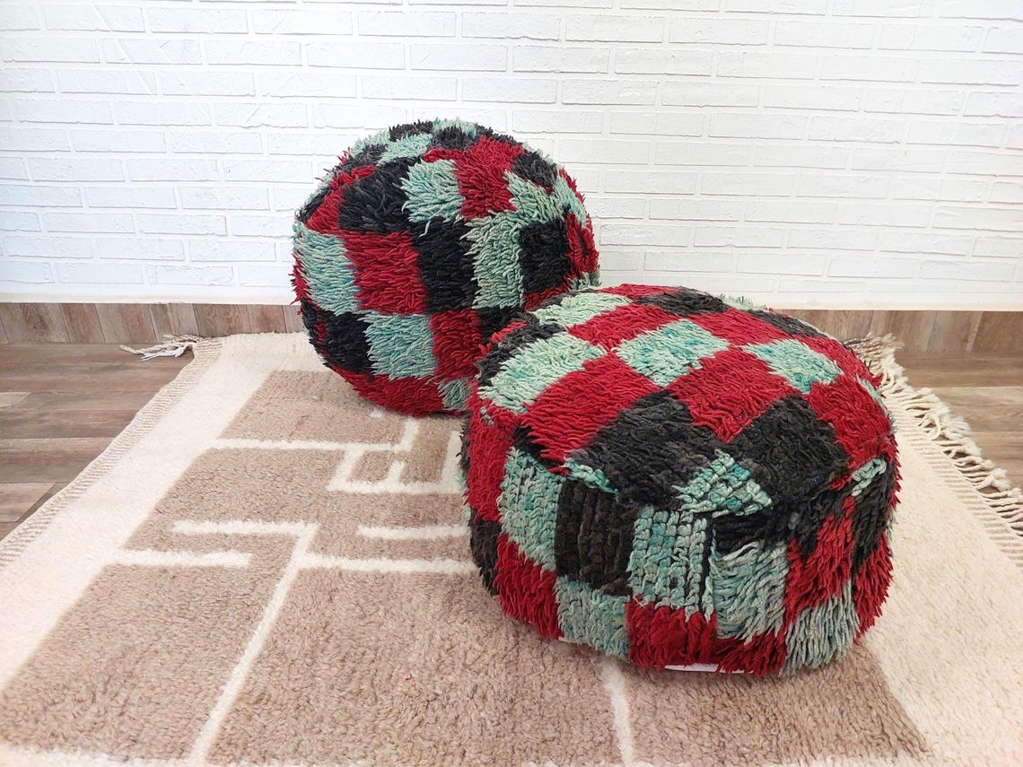 Vintage Berber Rug Ottoman Pouf: Handmade Moroccan Floor Cushion With Checkered Pattern MoroccanBazzArts