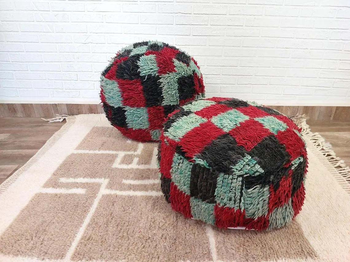 Vintage Berber Rug Ottoman Pouf: Handmade Moroccan Floor Cushion With Checkered Pattern MoroccanBazzArts
