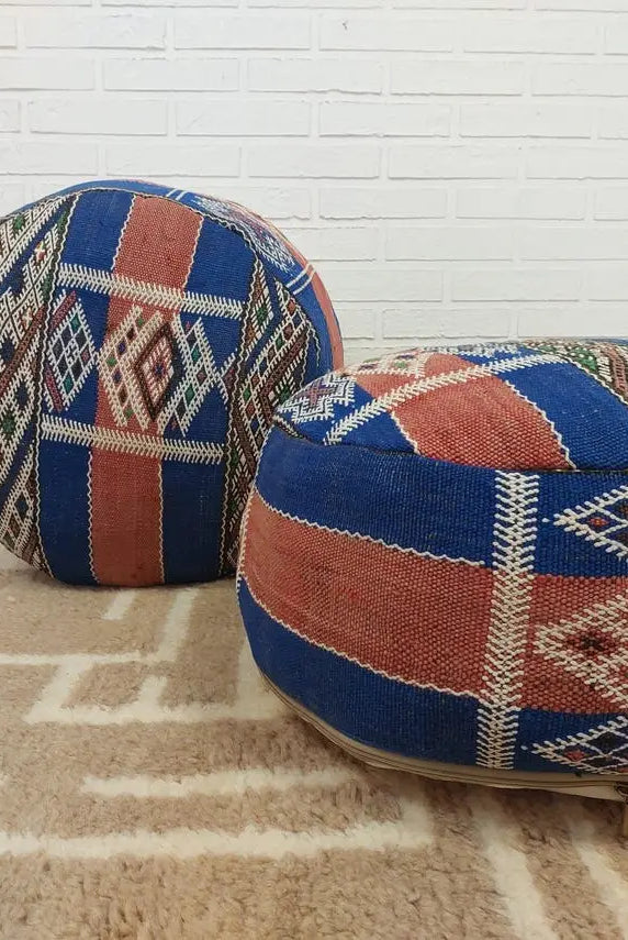 Vintage Berber Kilim Round Ottoman Pouf: Handmade Moroccan Floor Cushion For Boho Home Decor MoroccanBazzArts