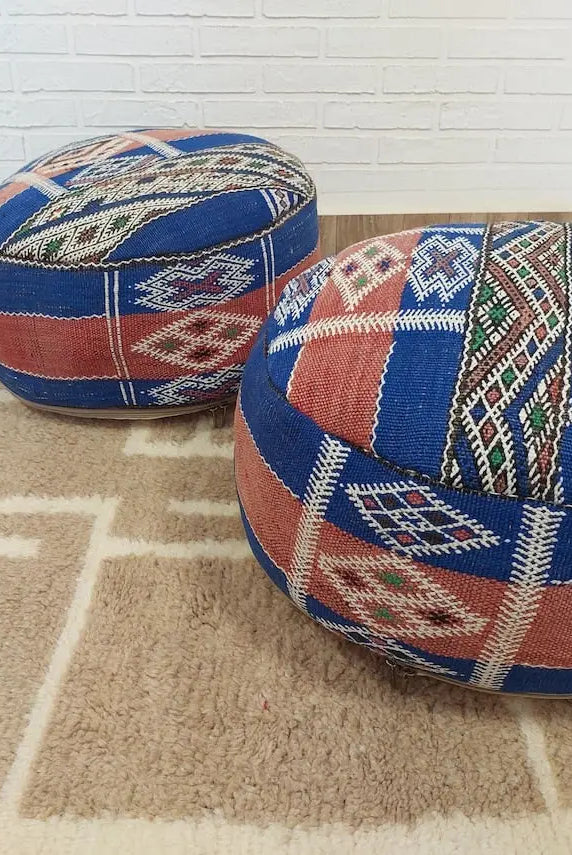 Vintage Berber Kilim Round Ottoman Pouf: Handmade Moroccan Floor Cushion For Boho Home Decor MoroccanBazzArts