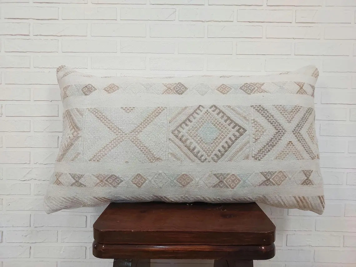 Handmade Moroccan Lumbar Cactus Silk Pillow Cover - Decorative Sabra Cushion for Home Decor (19x35in) MoroccanBazzArts