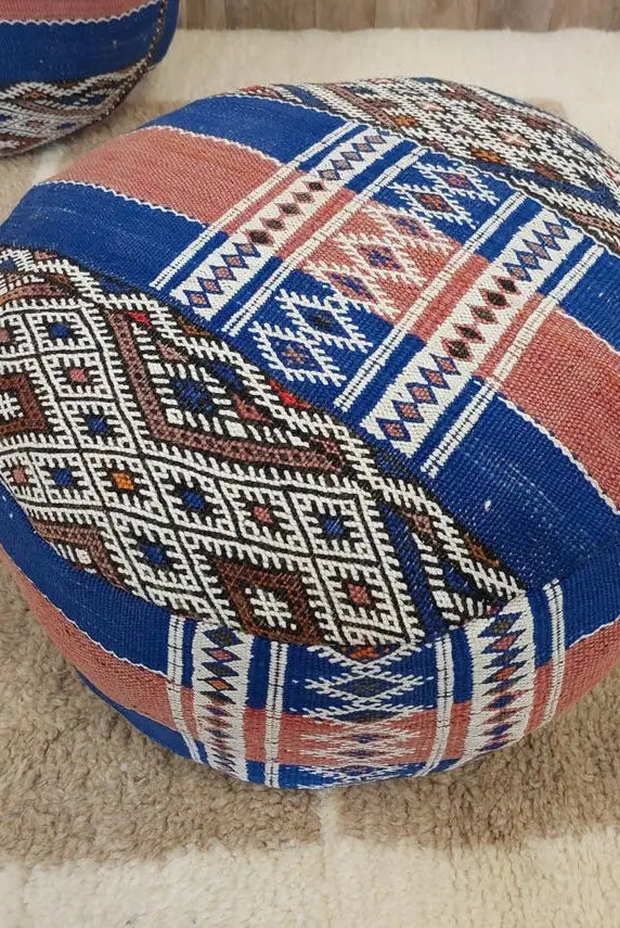 Vintage Berber Kilim Round Ottoman Pouf: Handmade Moroccan Floor Cushion For Boho Home Decor MoroccanBazzArts