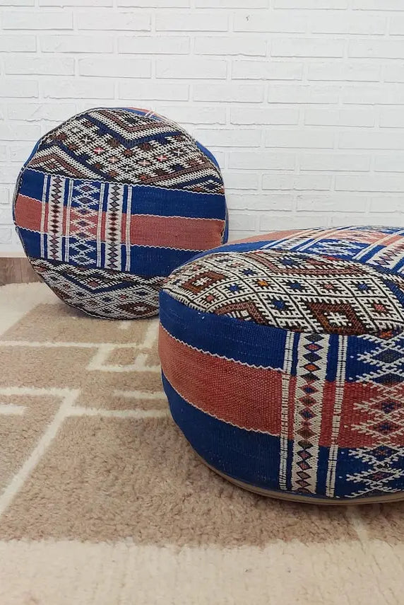 Vintage Berber Kilim Round Ottoman Pouf: Handmade Moroccan Floor Cushion For Boho Home Decor MoroccanBazzArts