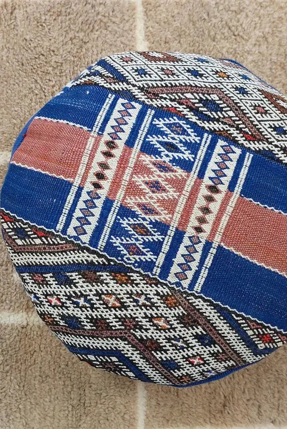 Vintage Berber Kilim Round Ottoman Pouf: Handmade Moroccan Floor Cushion For Boho Home Decor MoroccanBazzArts