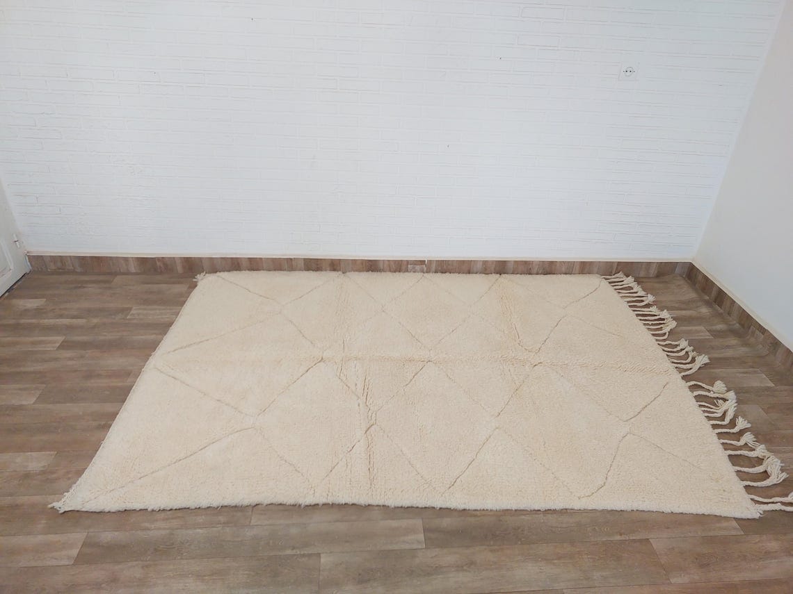 Authentic Moroccan Berber Beni Ourain Handwoven Wool Area Rug - Neutral Berber Rug - Contemporary Living Room Decor 4.11x7.4 Ft MoroccanBazzArts