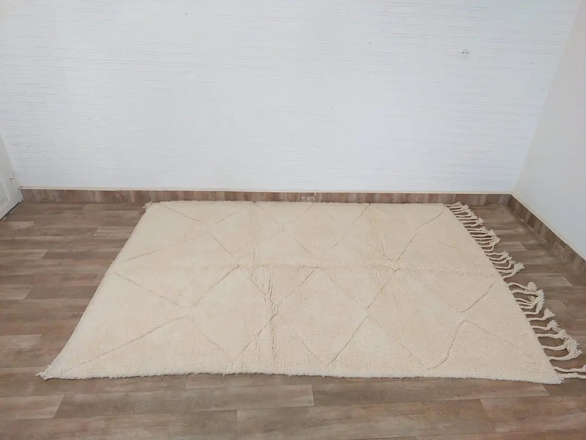 Authentic Moroccan Berber Beni Ourain Handwoven Wool Area Rug - Neutral Berber Rug - Contemporary Living Room Decor 4.11x7.4 Ft MoroccanBazzArts