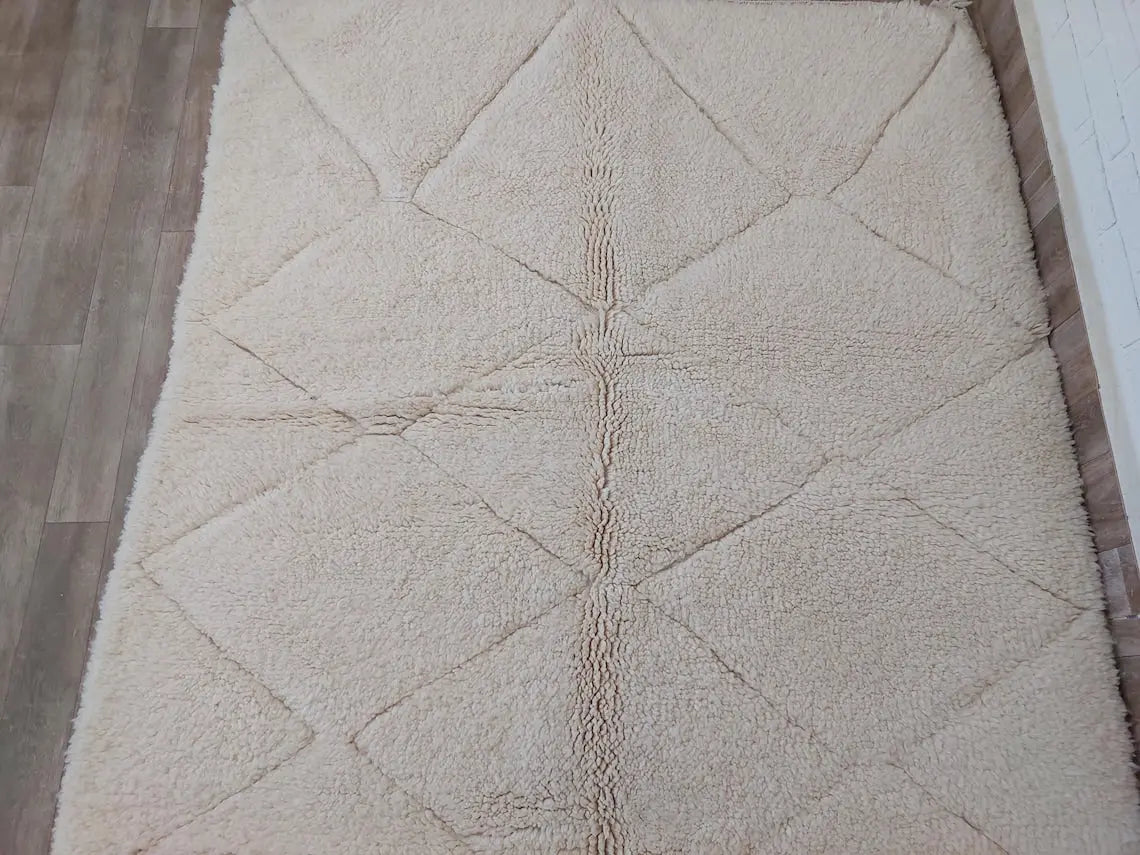 Authentic Moroccan Berber Beni Ourain Handwoven Wool Area Rug - Neutral Berber Rug - Contemporary Living Room Decor 4.11x7.4 Ft MoroccanBazzArts