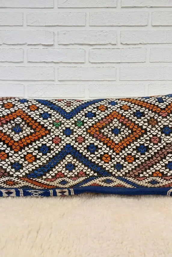 Moroccan Vintage Lumbar Cushion - From Beni Mguild Tribe. Decorative Blue Wool Pillow. Bohemian Style. MoroccanBazzArts
