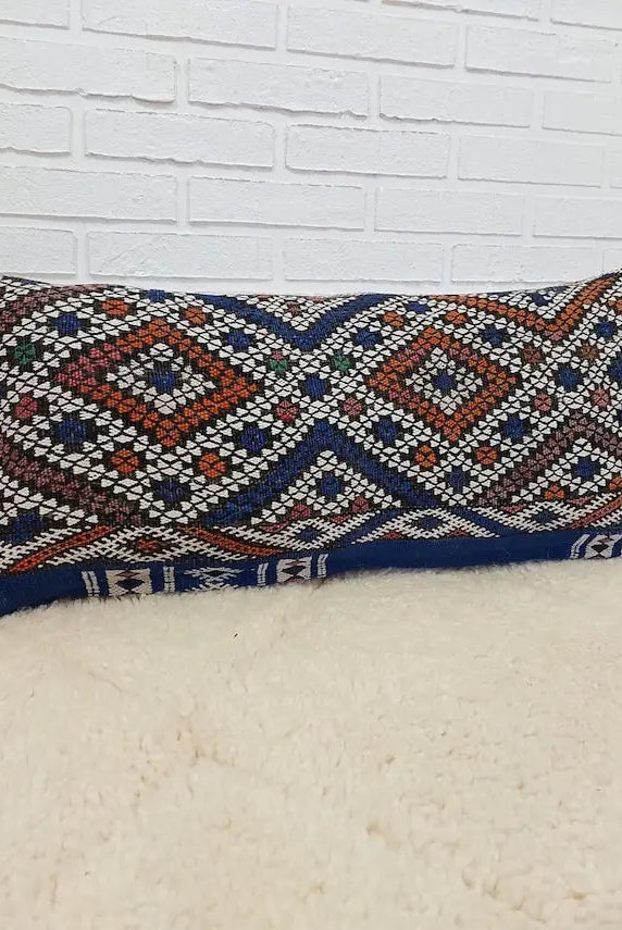 Moroccan Vintage Lumbar Cushion - From Beni Mguild Tribe. Decorative Blue Wool Pillow. Bohemian Style. MoroccanBazzArts
