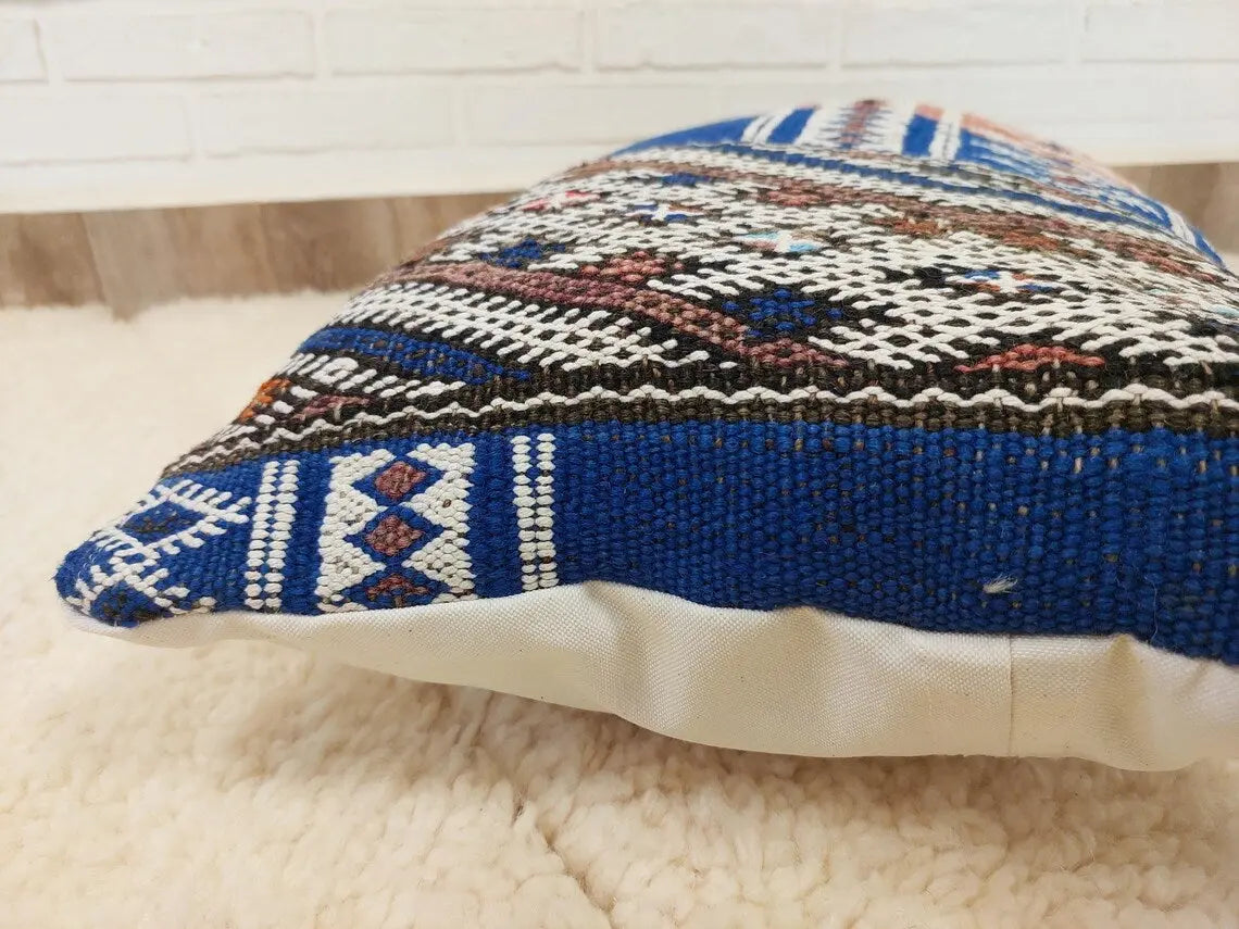 Moroccan Kilim Pillow Cover, Berber Blue Kilim Pillow, Moroccan Pillow, Handmade Wool Pillow, Decorative Pillow Case. MoroccanBazzArts
