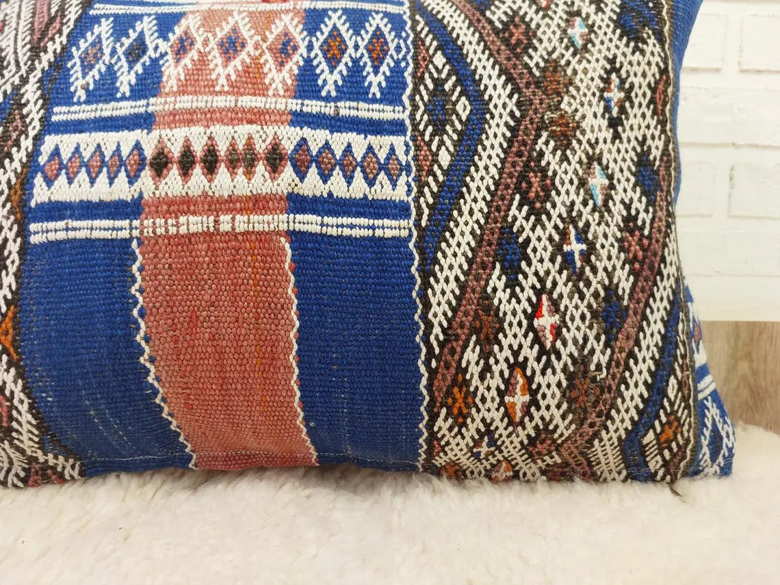 Moroccan Kilim Pillow Cover, Berber Blue Kilim Pillow, Moroccan Pillow, Handmade Wool Pillow, Decorative Pillow Case. MoroccanBazzArts