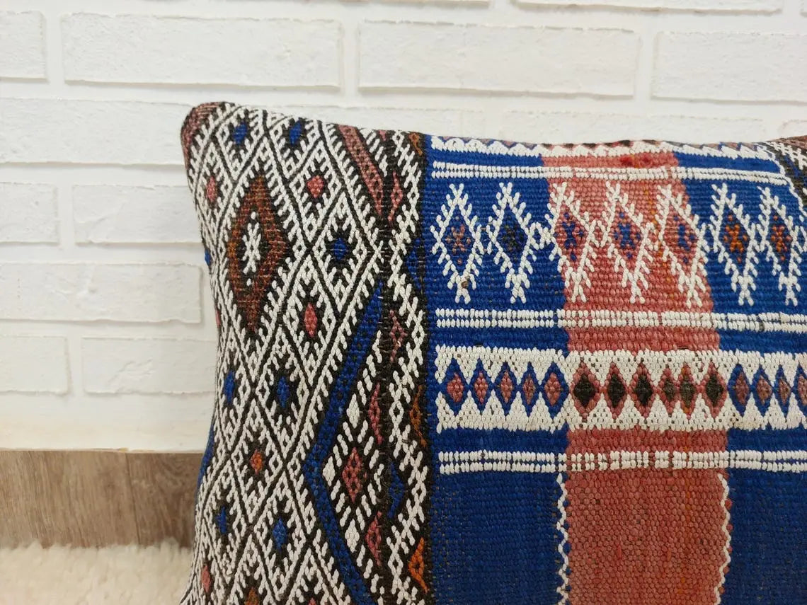 Moroccan Kilim Pillow Cover, Berber Blue Kilim Pillow, Moroccan Pillow, Handmade Wool Pillow, Decorative Pillow Case. MoroccanBazzArts