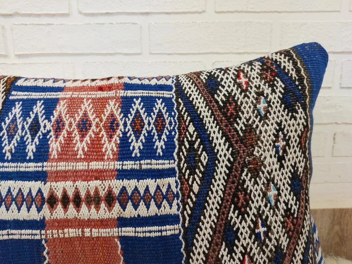 Moroccan Kilim Pillow Cover, Berber Blue Kilim Pillow, Moroccan Pillow, Handmade Wool Pillow, Decorative Pillow Case. MoroccanBazzArts