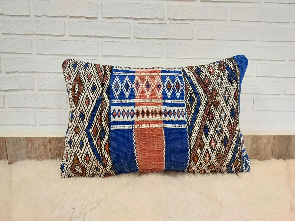 Moroccan Kilim Pillow Cover, Berber Blue Kilim Pillow, Moroccan Pillow, Handmade Wool Pillow, Decorative Pillow Case. MoroccanBazzArts