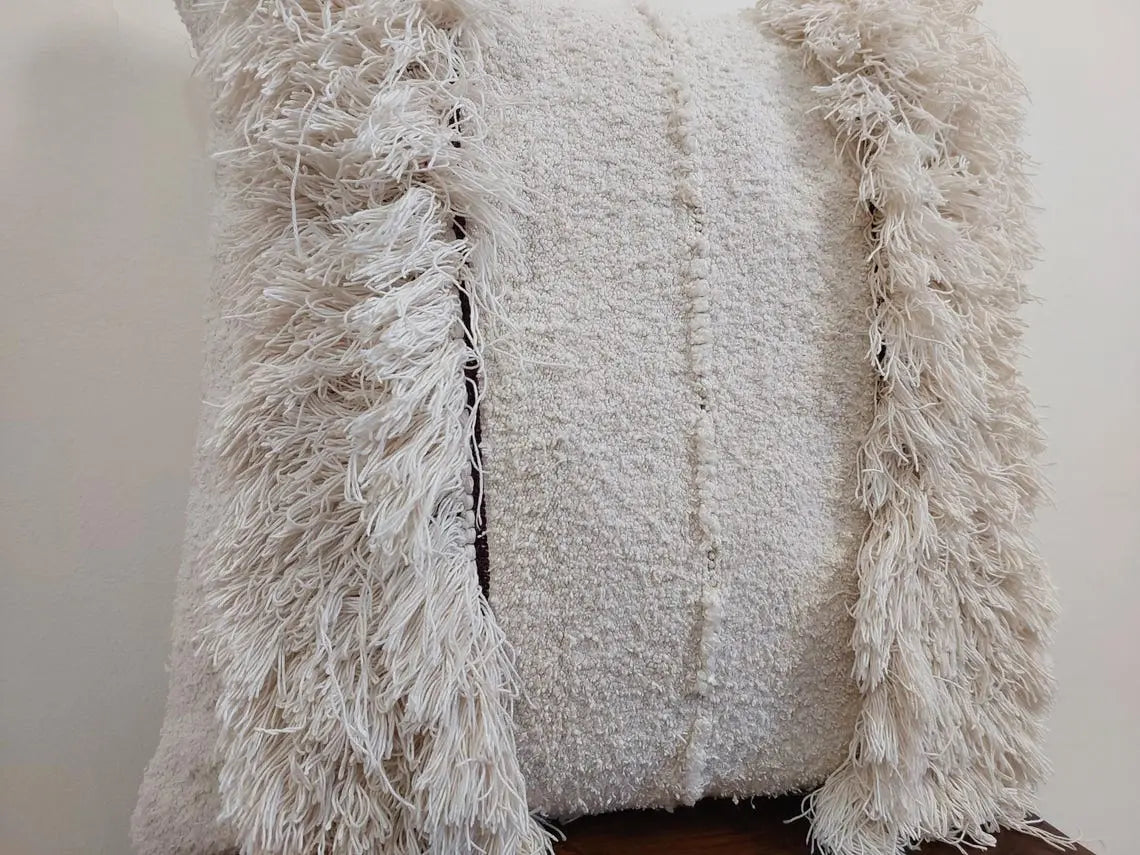 Authentic Vintage Berber Handira Wedding Blanket Pillow Case - Handmade Moroccan White Square Cushion MoroccanBazzArts