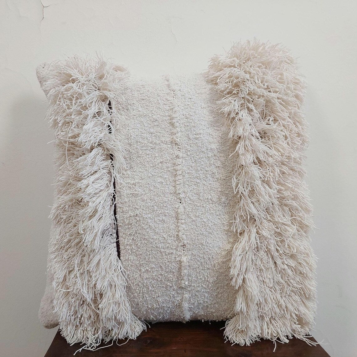 Authentic Vintage Berber Handira Wedding Blanket Pillow Case - Handmade Moroccan White Square Cushion MoroccanBazzArts