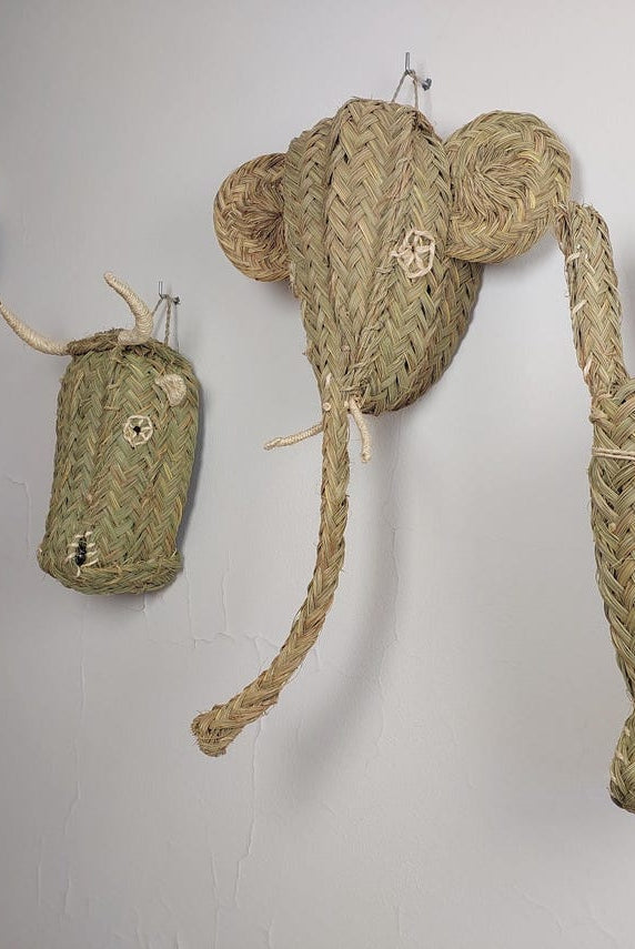 Set Of 3 Handwoven Bull , Elephant , Donkey Heads Wall Hanging – Custom Rattan Wall Art, Boho Nursery Decor, Moroccan Palm Leaf Animal Head MoroccanBazzArts