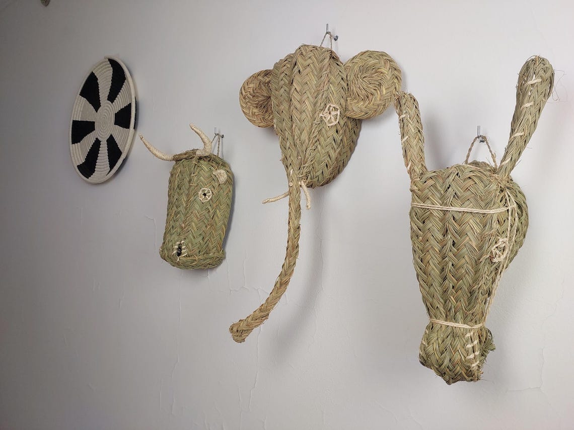 Set Of 3 Handwoven Bull , Elephant , Donkey Heads Wall Hanging – Custom Rattan Wall Art, Boho Nursery Decor, Moroccan Palm Leaf Animal Head MoroccanBazzArts