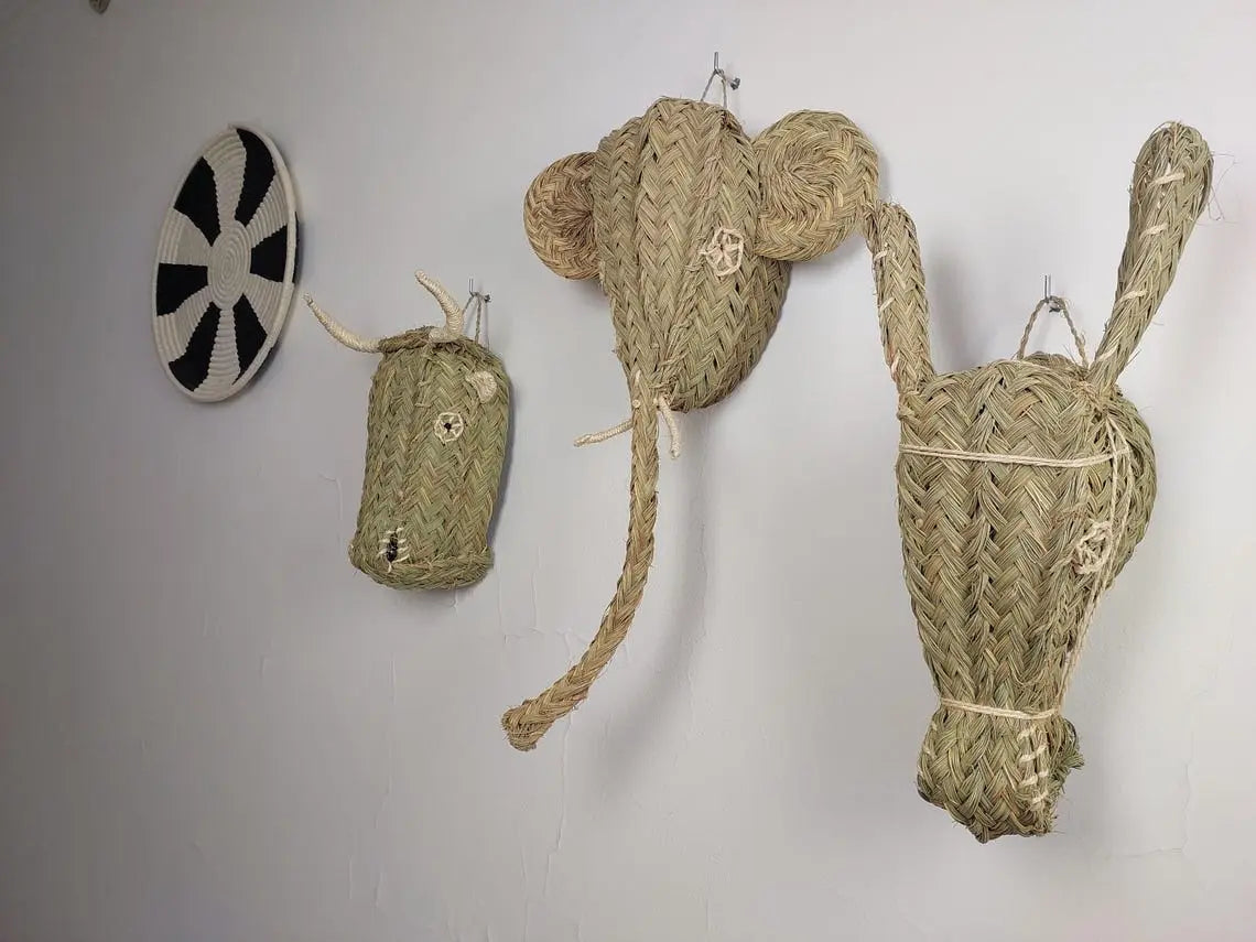 Set Of 3 Handwoven Bull , Elephant , Donkey Heads Wall Hanging – Custom Rattan Wall Art, Boho Nursery Decor, Moroccan Palm Leaf Animal Head MoroccanBazzArts
