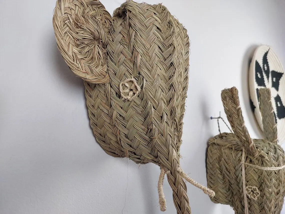 Set Of 3 Handwoven Bull , Elephant , Donkey Heads Wall Hanging – Custom Rattan Wall Art, Boho Nursery Decor, Moroccan Palm Leaf Animal Head MoroccanBazzArts