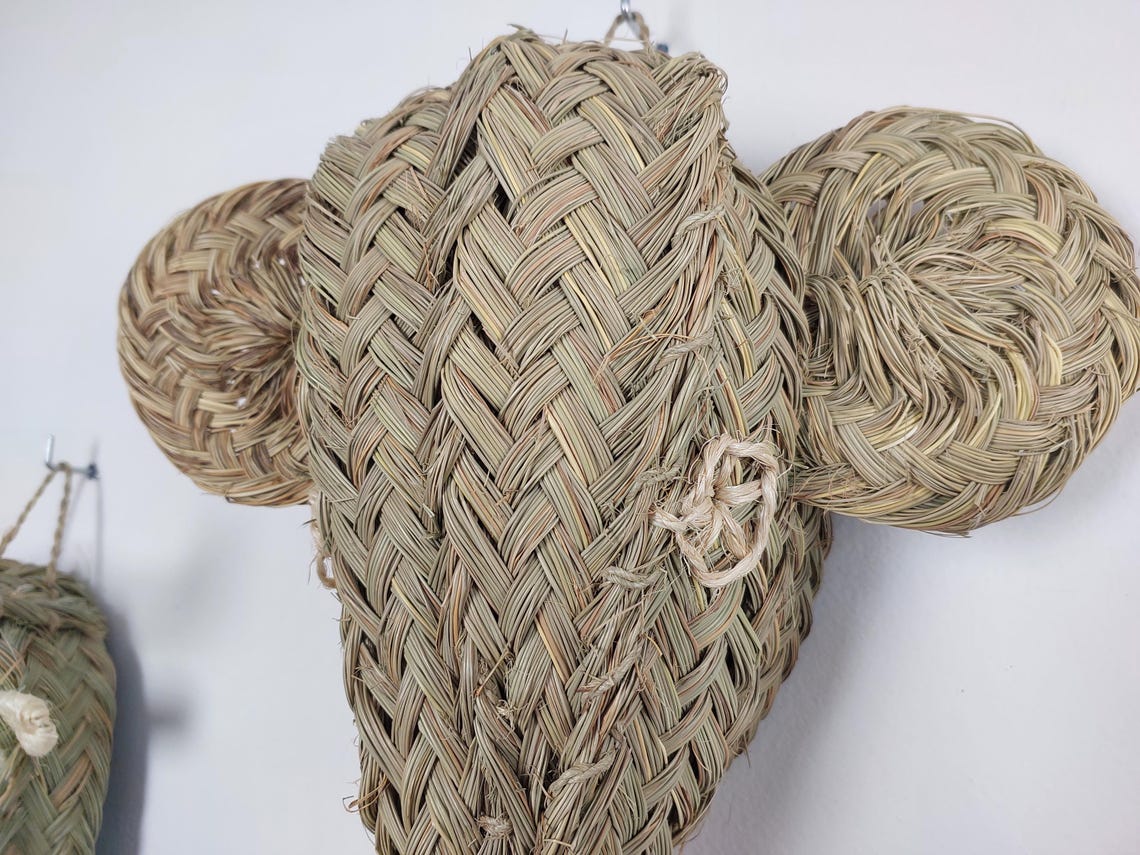 Set Of 3 Handwoven Bull , Elephant , Donkey Heads Wall Hanging – Custom Rattan Wall Art, Boho Nursery Decor, Moroccan Palm Leaf Animal Head MoroccanBazzArts