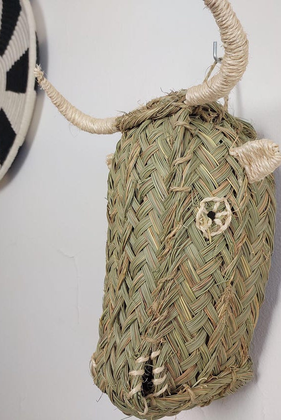 Set Of 3 Handwoven Bull , Elephant , Donkey Heads Wall Hanging – Custom Rattan Wall Art, Boho Nursery Decor, Moroccan Palm Leaf Animal Head MoroccanBazzArts