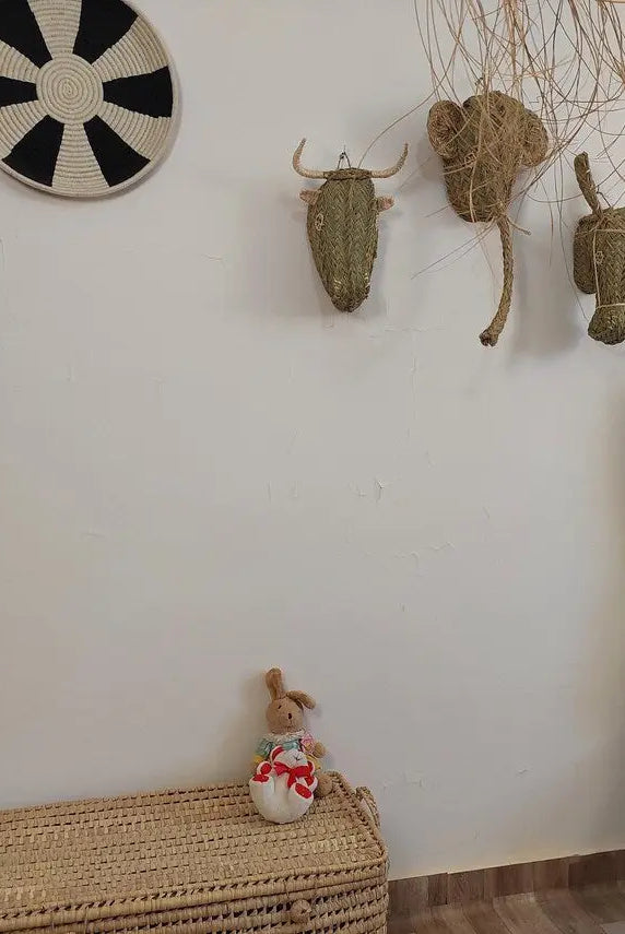 Set Of 3 Handwoven Bull , Elephant , Donkey Heads Wall Hanging – Custom Rattan Wall Art, Boho Nursery Decor, Moroccan Palm Leaf Animal Head MoroccanBazzArts