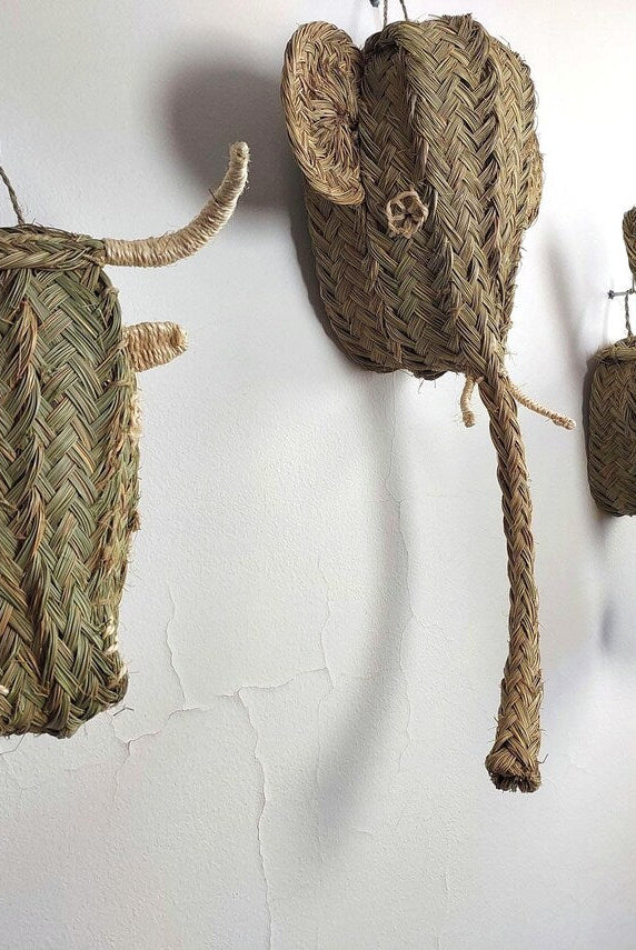 Set Of 3 Handwoven Bull , Elephant , Donkey Heads Wall Hanging – Custom Rattan Wall Art, Boho Nursery Decor, Moroccan Palm Leaf Animal Head MoroccanBazzArts