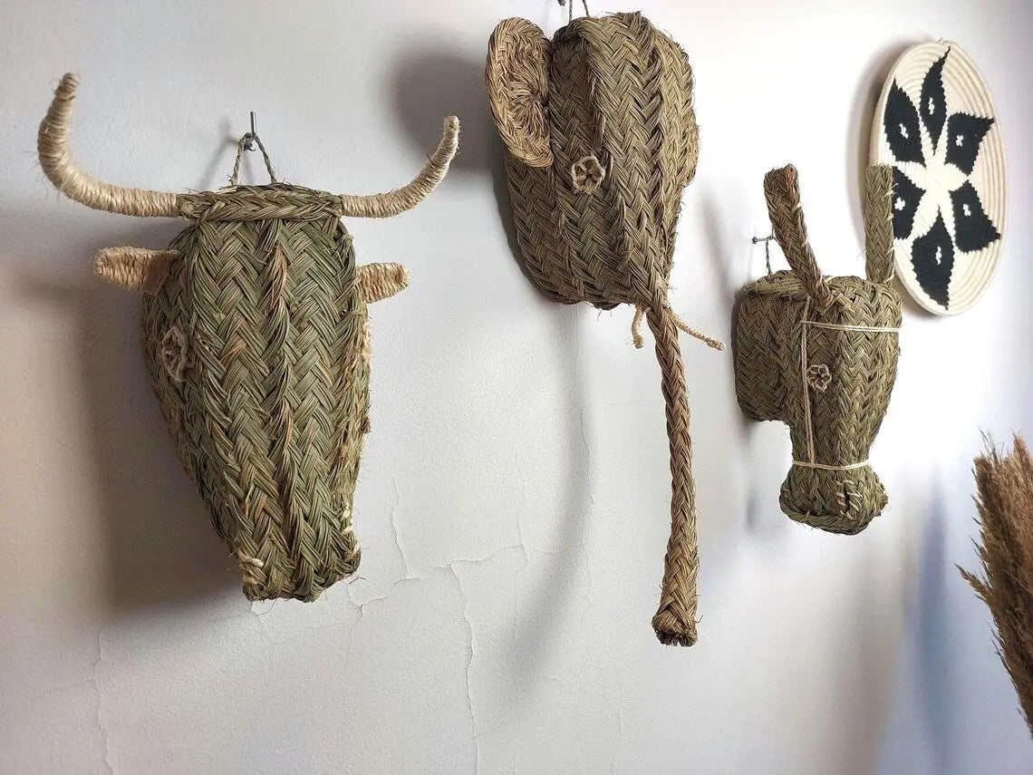 Set Of 3 Handwoven Bull , Elephant , Donkey Heads Wall Hanging – Custom Rattan Wall Art, Boho Nursery Decor, Moroccan Palm Leaf Animal Head MoroccanBazzArts