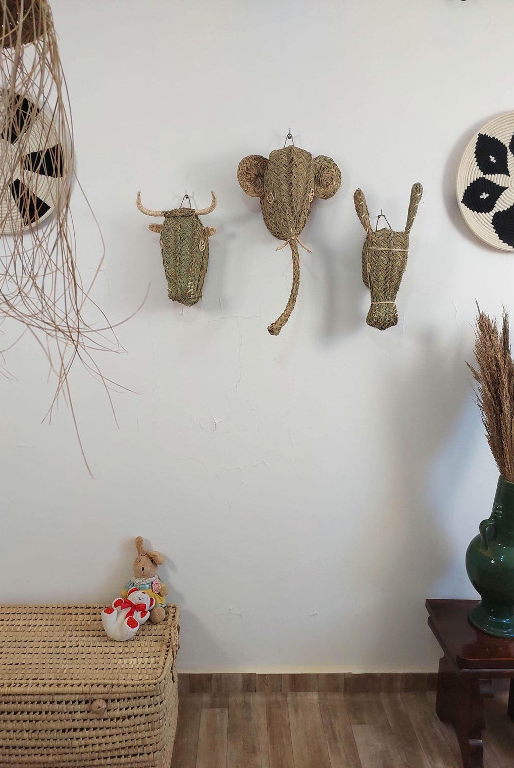 Set Of 3 Handwoven Bull , Elephant , Donkey Heads Wall Hanging – Custom Rattan Wall Art, Boho Nursery Decor, Moroccan Palm Leaf Animal Head MoroccanBazzArts