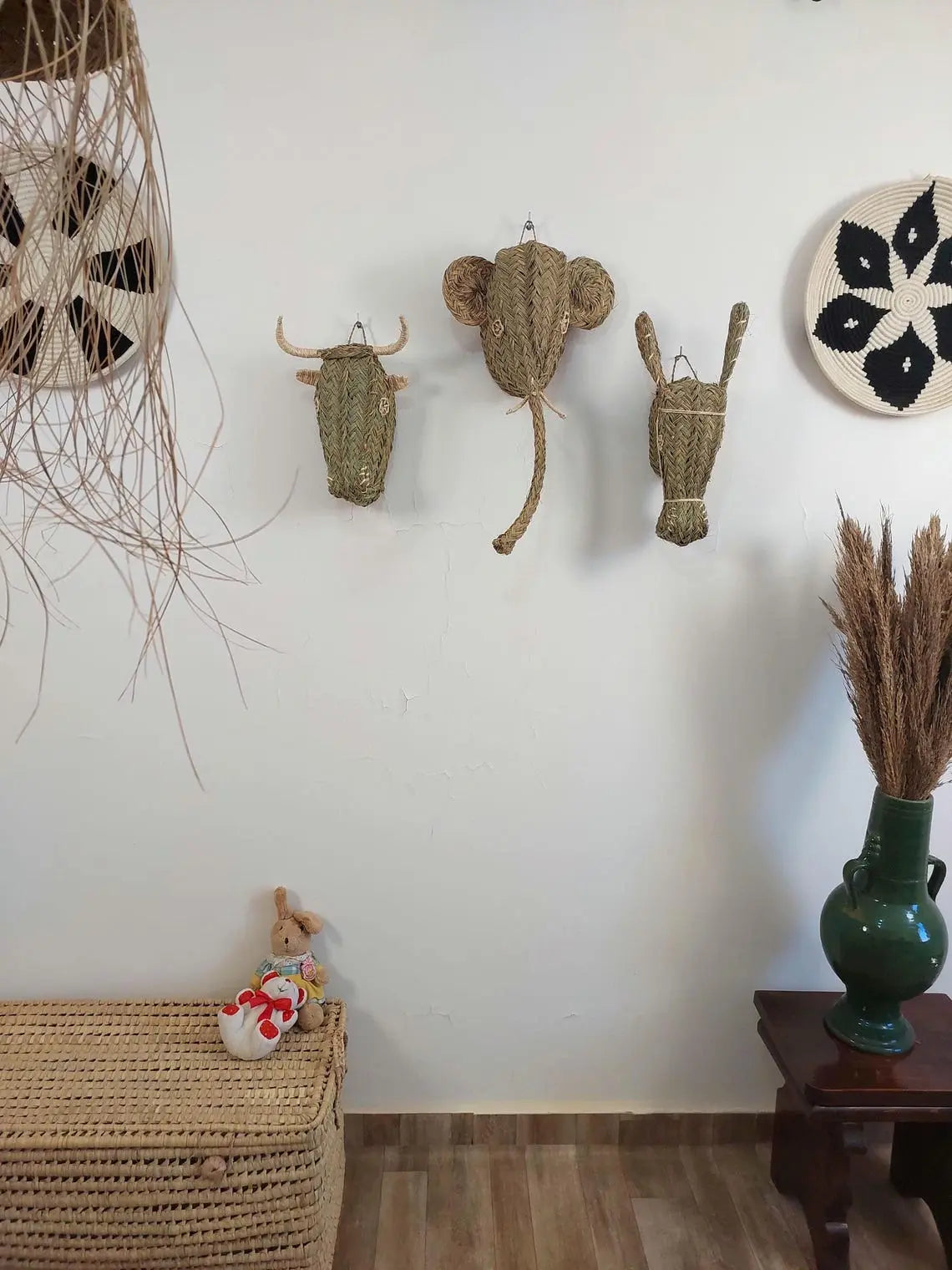 Set Of 3 Handwoven Bull , Elephant , Donkey Heads Wall Hanging – Custom Rattan Wall Art, Boho Nursery Decor, Moroccan Palm Leaf Animal Head MoroccanBazzArts