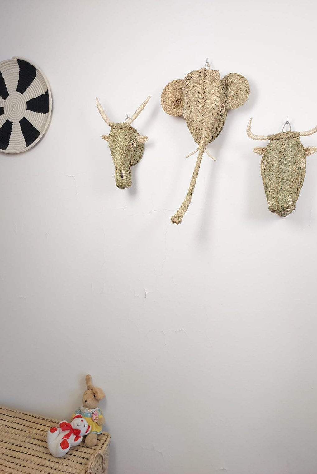 Set Of 3 Handwoven Bull , Elephant , Goat Heads Wall Hanging – Custom Rattan Wall Art, Boho Nursery Decor, Moroccan Palm Leaf Animal Head MoroccanBazzArts