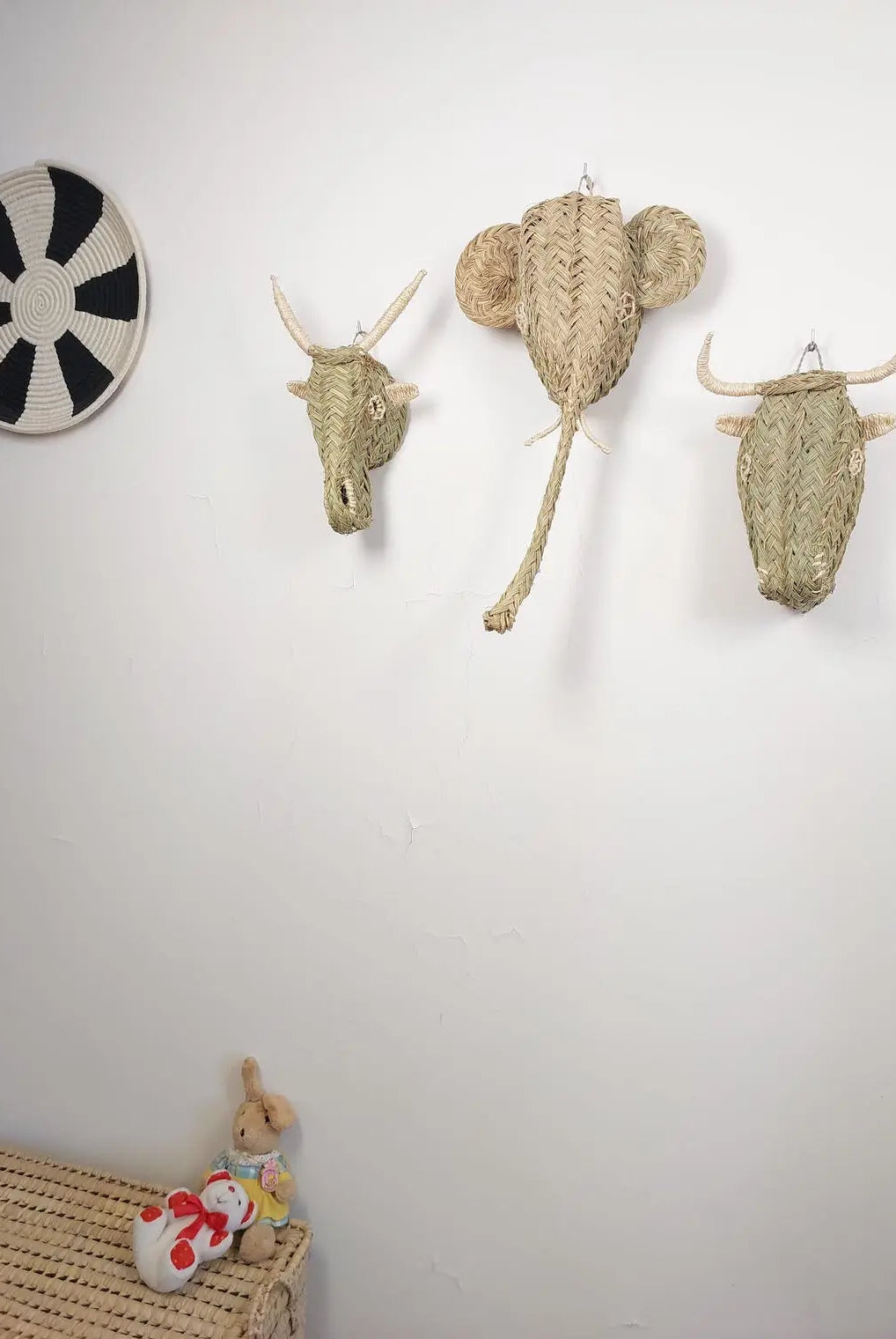 Set Of 3 Handwoven Bull , Elephant , Goat Heads Wall Hanging – Custom Rattan Wall Art, Boho Nursery Decor, Moroccan Palm Leaf Animal Head MoroccanBazzArts