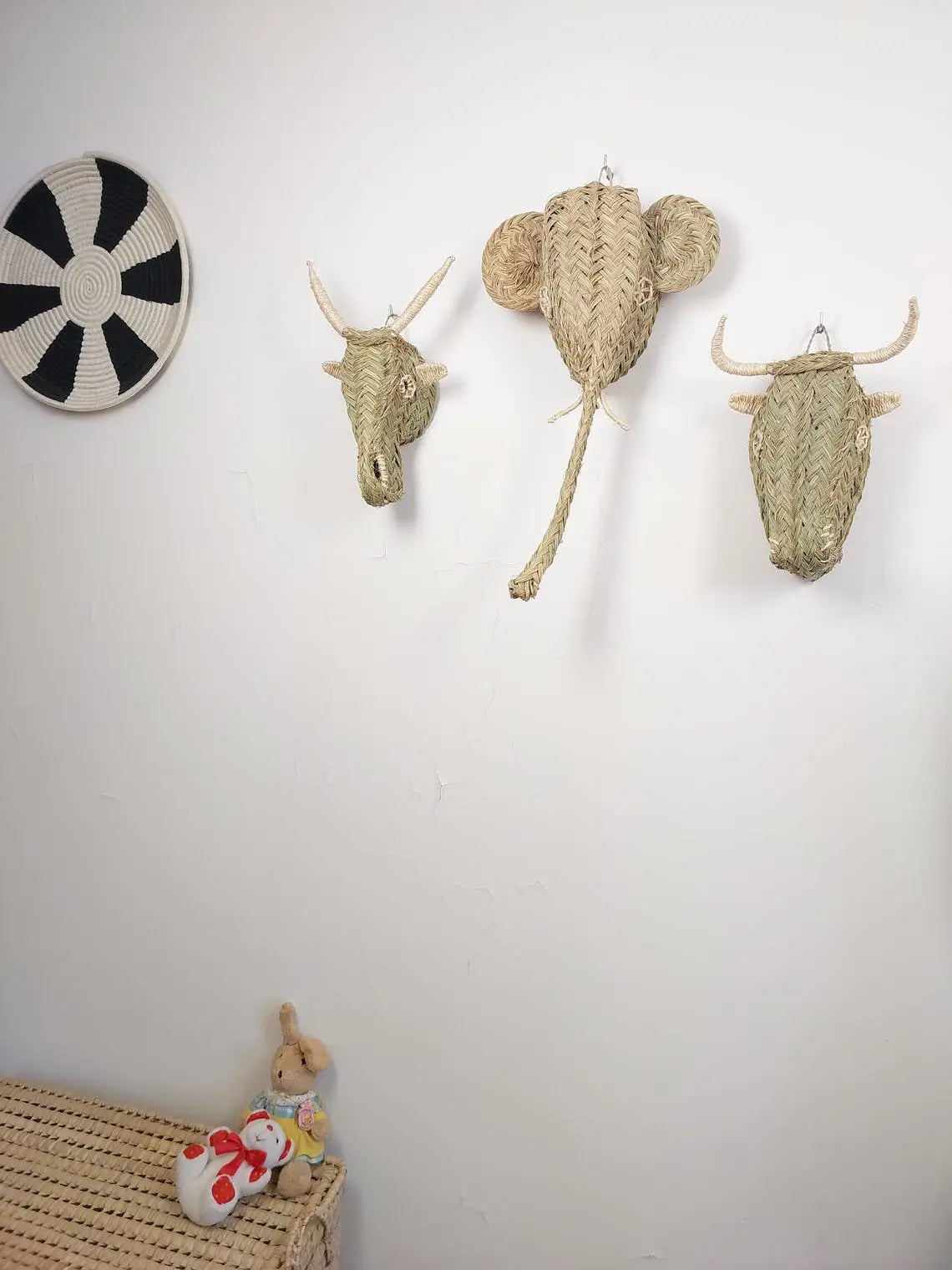 Set Of 3 Handwoven Bull , Elephant , Goat Heads Wall Hanging – Custom Rattan Wall Art, Boho Nursery Decor, Moroccan Palm Leaf Animal Head MoroccanBazzArts