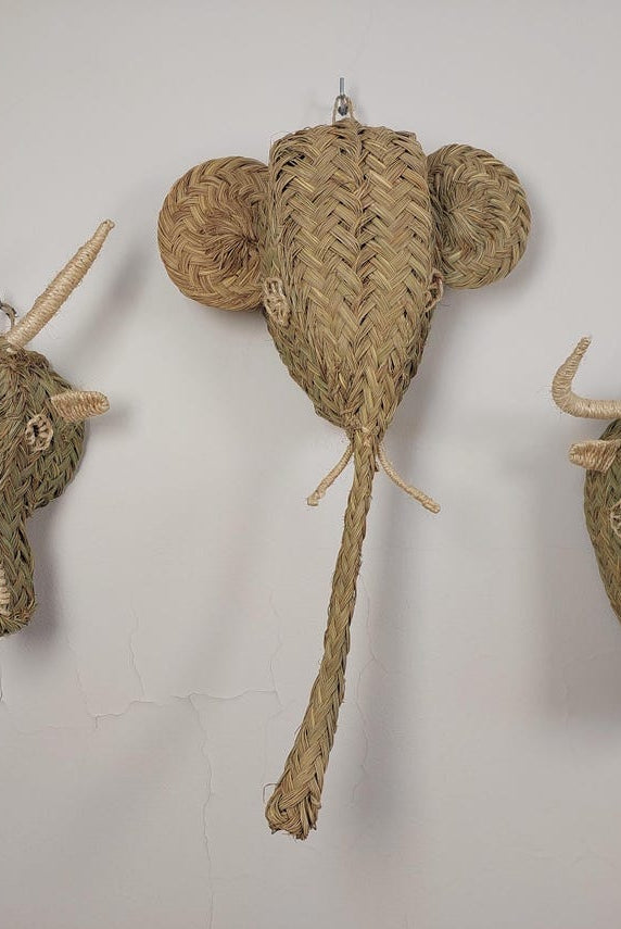 Set Of 3 Handwoven Bull , Elephant , Goat Heads Wall Hanging – Custom Rattan Wall Art, Boho Nursery Decor, Moroccan Palm Leaf Animal Head MoroccanBazzArts