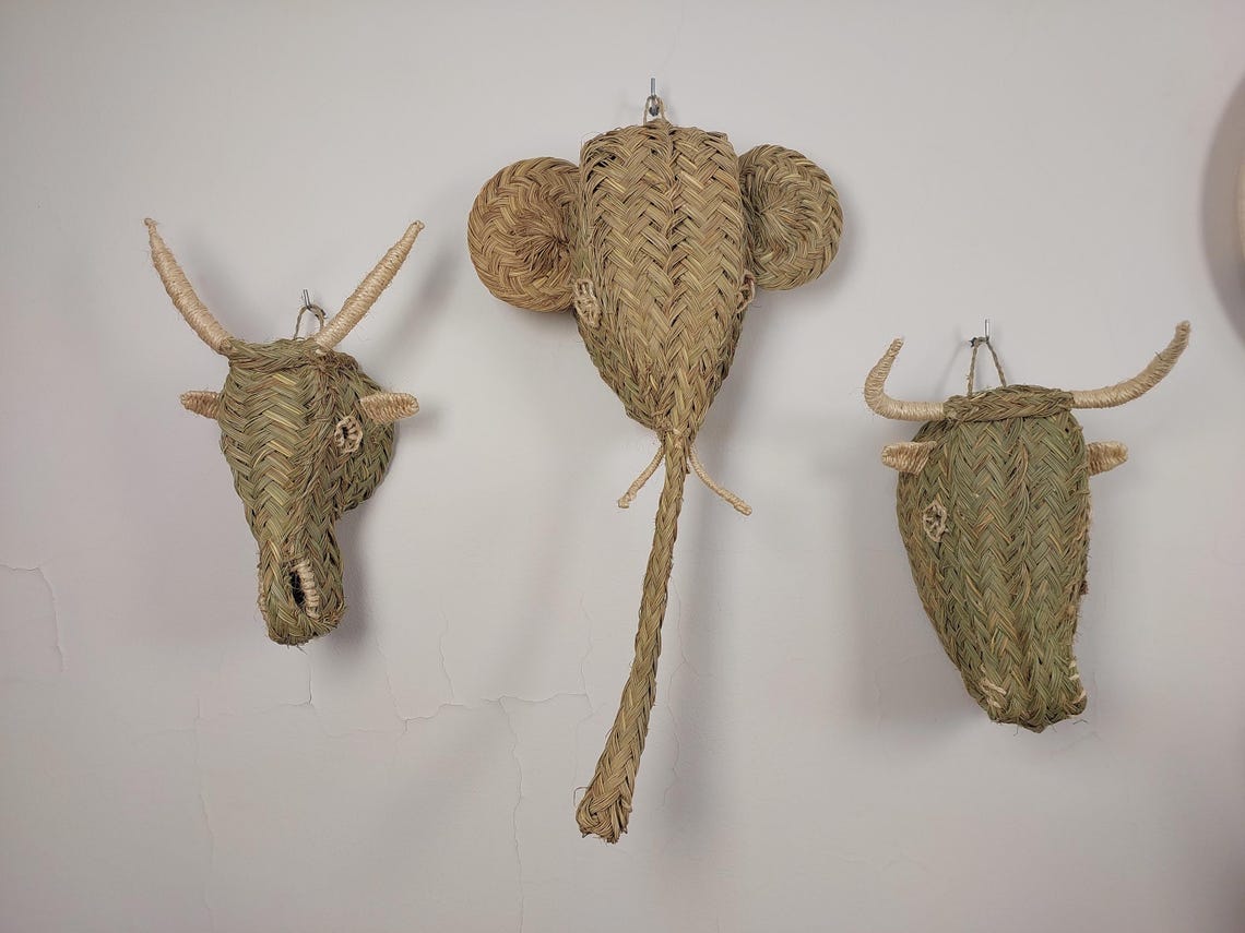 Set Of 3 Handwoven Bull , Elephant , Goat Heads Wall Hanging – Custom Rattan Wall Art, Boho Nursery Decor, Moroccan Palm Leaf Animal Head MoroccanBazzArts