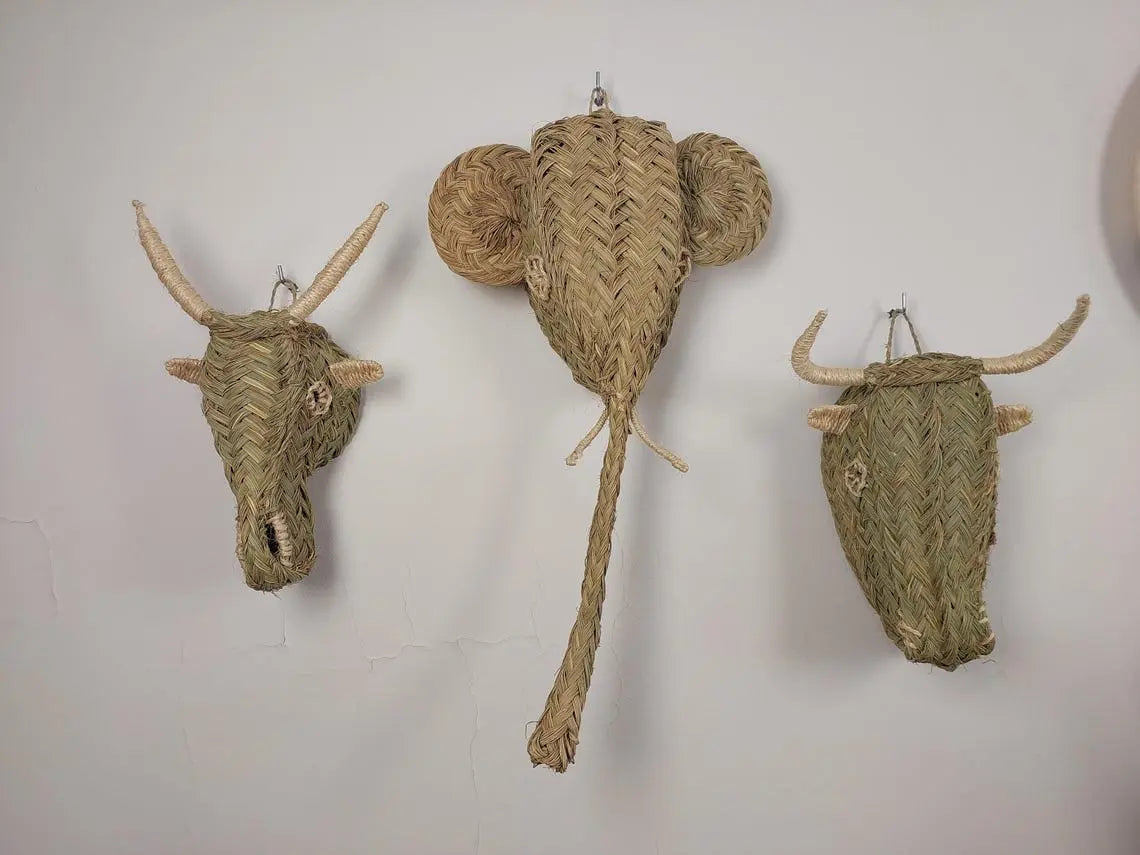 Set Of 3 Handwoven Bull , Elephant , Goat Heads Wall Hanging – Custom Rattan Wall Art, Boho Nursery Decor, Moroccan Palm Leaf Animal Head MoroccanBazzArts