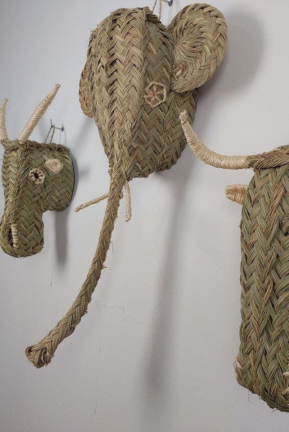 Set Of 3 Handwoven Bull , Elephant , Goat Heads Wall Hanging – Custom Rattan Wall Art, Boho Nursery Decor, Moroccan Palm Leaf Animal Head MoroccanBazzArts
