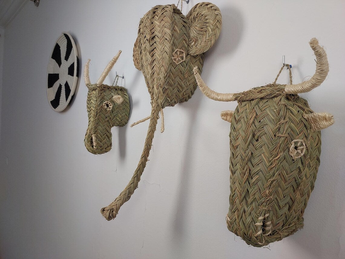 Set Of 3 Handwoven Bull , Elephant , Goat Heads Wall Hanging – Custom Rattan Wall Art, Boho Nursery Decor, Moroccan Palm Leaf Animal Head MoroccanBazzArts