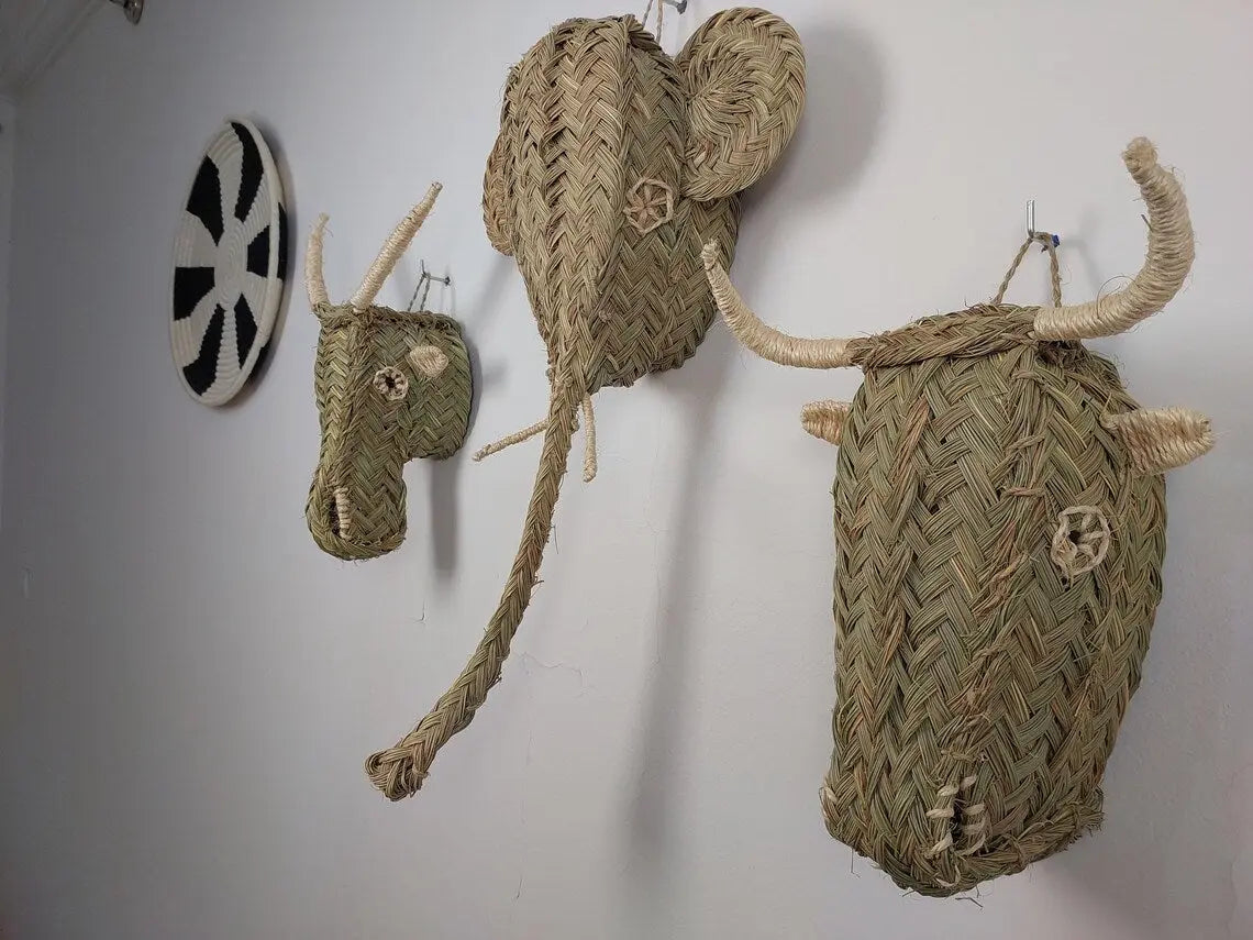 Set Of 3 Handwoven Bull , Elephant , Goat Heads Wall Hanging – Custom Rattan Wall Art, Boho Nursery Decor, Moroccan Palm Leaf Animal Head MoroccanBazzArts
