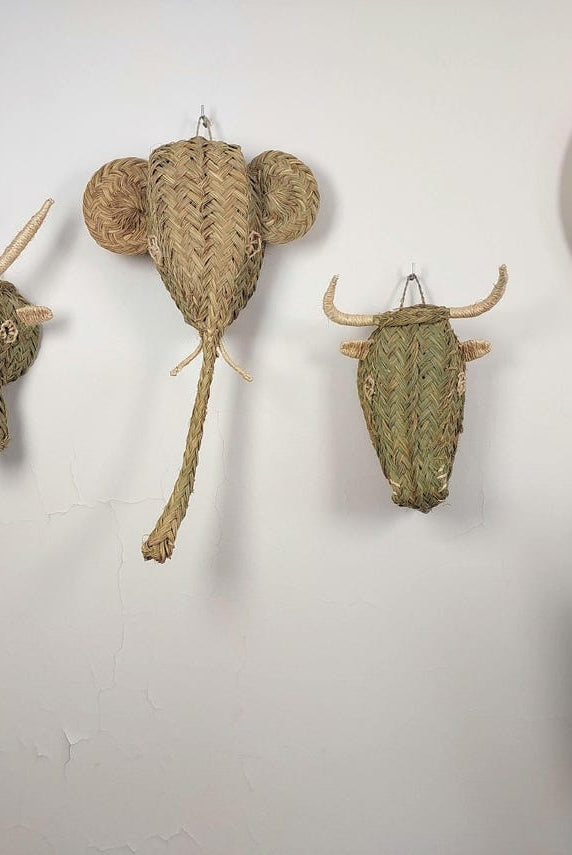 Set Of 3 Handwoven Bull , Elephant , Goat Heads Wall Hanging – Custom Rattan Wall Art, Boho Nursery Decor, Moroccan Palm Leaf Animal Head MoroccanBazzArts