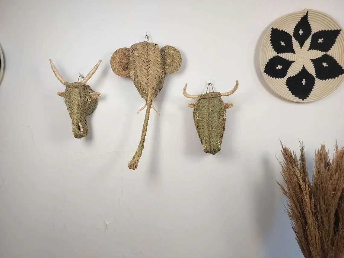 Set Of 3 Handwoven Bull , Elephant , Goat Heads Wall Hanging – Custom Rattan Wall Art, Boho Nursery Decor, Moroccan Palm Leaf Animal Head MoroccanBazzArts
