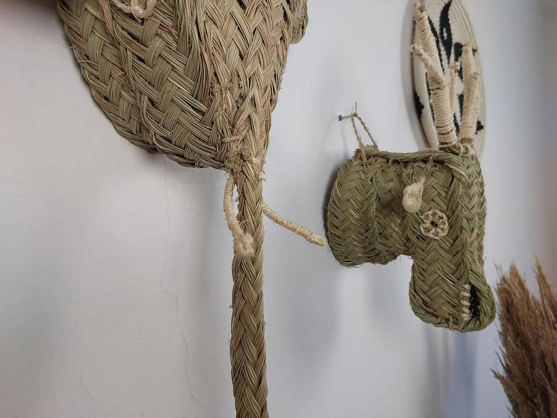 Set of 3 Handwoven bull , elephant , deer Heads Wall Hanging – Custom Rattan Wall Art, Boho Nursery Decor, Moroccan Palm Leaf Animal Head MoroccanBazzArts